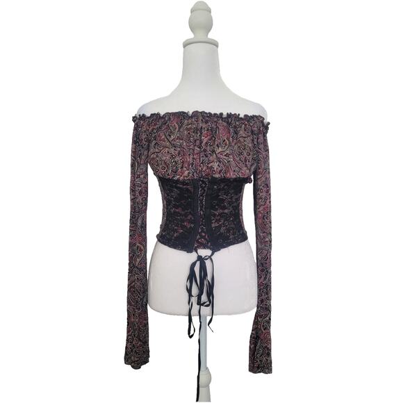 Y2k Milkmaid Lace Up Corset Paisley Off the Shoulder Top Size S Whimsygoth Boho - Picture 1 of 11